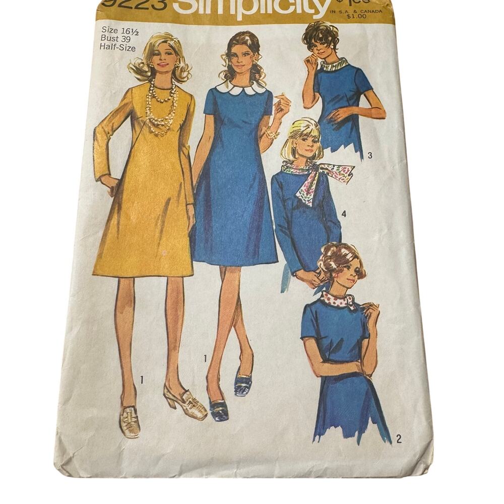 Vintage 1970 Simplicity Sewing Pattern 9223 Dress Scarf Collar 16 1/2 Bust 39